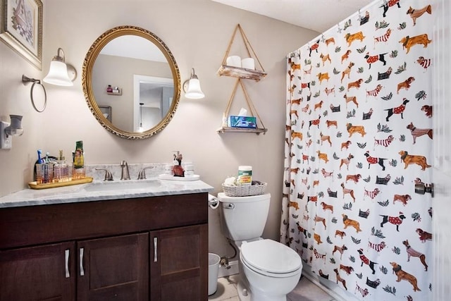 bathroom featuring tile patterned flooring, vanity, toilet, and a shower with shower curtain