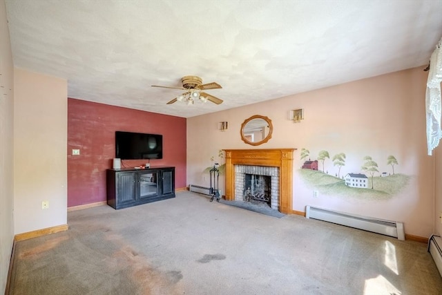 12 Jensen Ave, Chelmsford, MA 01824 - unfurnished living room featuring a baseboard heating unit, a fireplace, a ceiling fan, and carpet floors