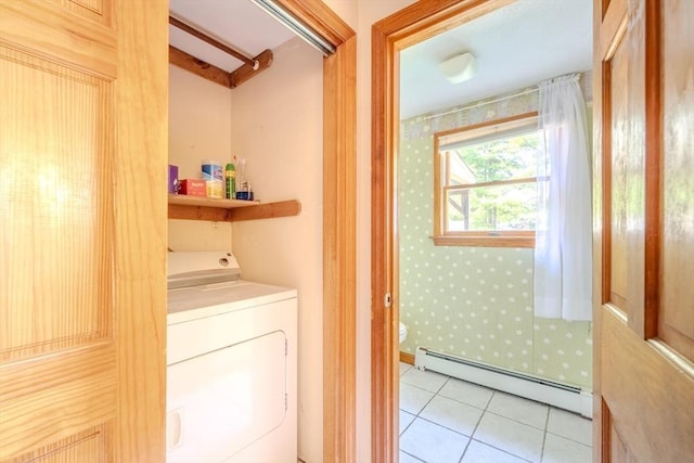12 Jensen Ave, Chelmsford, MA 01824 - washroom featuring washer / clothes dryer, baseboard heating, wallpapered walls, and tile patterned flooring