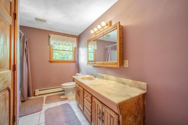 12 Jensen Ave, Chelmsford, MA 01824 - bathroom featuring a baseboard radiator, vanity, toilet, tile patterned flooring, and curtained shower