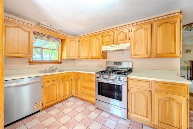 12 Jensen Ave, Chelmsford, MA 01824 - kitchen featuring appliances with stainless steel finishes, under cabinet range hood, a sink, light countertops, and light brown cabinets