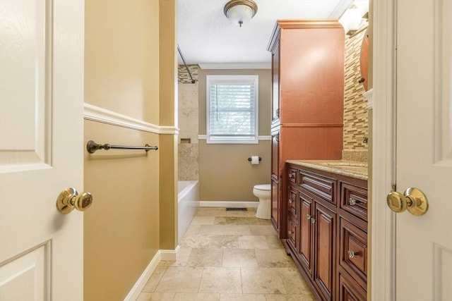 998 Wood, Swansea, MA 02777 - full bathroom featuring toilet, vanity, a bathtub, ornamental molding, and baseboards