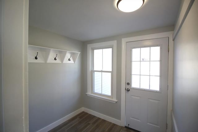 doorway to outside featuring dark wood-type flooring and baseboards