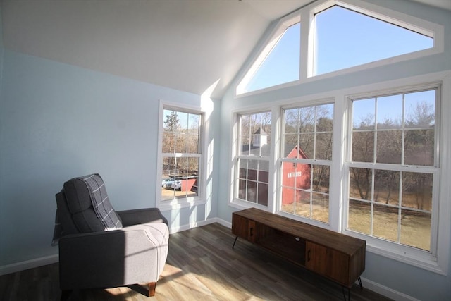 living area with plenty of natural light, baseboards, and wood finished floors