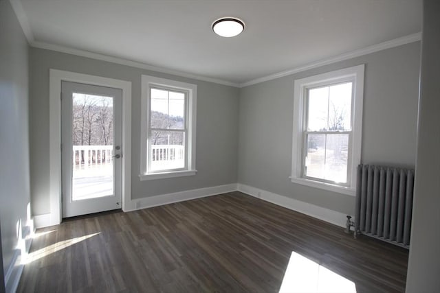 spare room featuring crown molding, radiator, dark wood-style floors, and baseboards