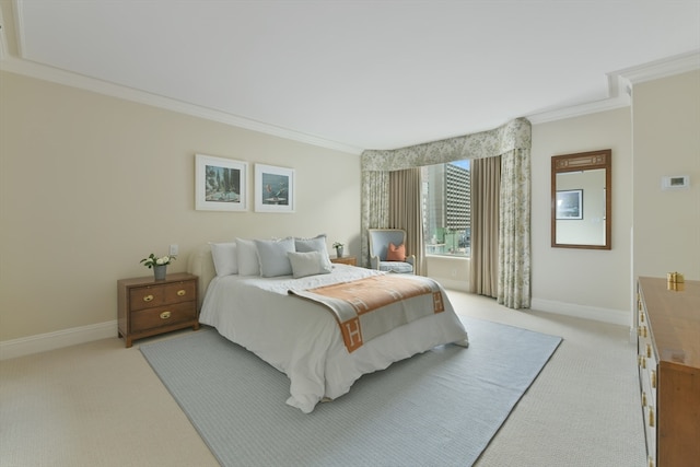 bedroom featuring light colored carpet and crown molding