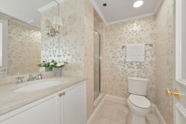 bathroom with tile patterned floors, a shower with shower door, ornamental molding, vanity, and toilet