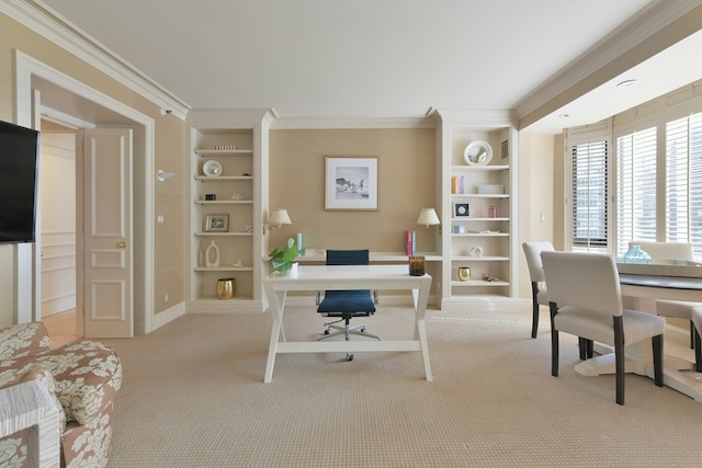 carpeted office space featuring built in features and crown molding