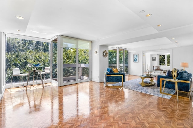 living room with light parquet floors