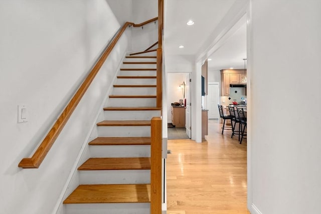 379 Hunnewell St, Needham, MA 02494 - stairway featuring wood finished floors and recessed lighting