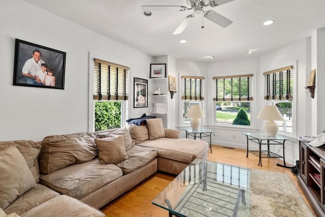 379 Hunnewell St, Needham, MA 02494 - living room featuring healthy amount of natural light, light wood-style floors, ceiling fan, recessed lighting, and baseboards