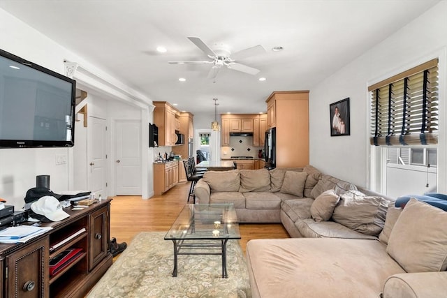 379 Hunnewell St, Needham, MA 02494 - living room with light wood-type flooring, ceiling fan, and recessed lighting