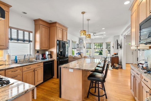 379 Hunnewell St, Needham, MA 02494 - kitchen featuring black appliances, a sink, open floor plan, a ceiling fan, and light wood-style flooring