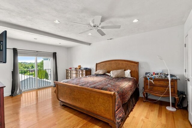 379 Hunnewell St, Needham, MA 02494 - bedroom featuring access to exterior, light wood-type flooring, recessed lighting, and a ceiling fan