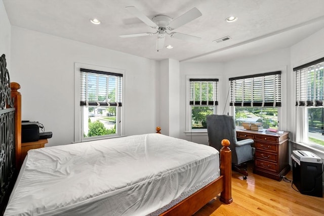 379 Hunnewell St, Needham, MA 02494 - bedroom featuring light wood finished floors, recessed lighting, an office area, and a ceiling fan