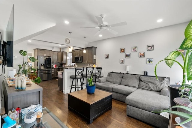 379 Hunnewell St, Needham, MA 02494 - living room with recessed lighting, ceiling fan, and dark wood-style flooring