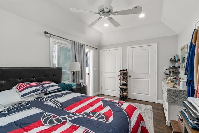 379 Hunnewell St, Needham, MA 02494 - bedroom with wood finished floors, baseboards, a ceiling fan, recessed lighting, and vaulted ceiling