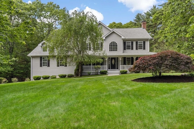 22 Mikayla Ann Dr, Rehoboth, MA 02769 - colonial-style house with covered porch, a chimney, and a front lawn