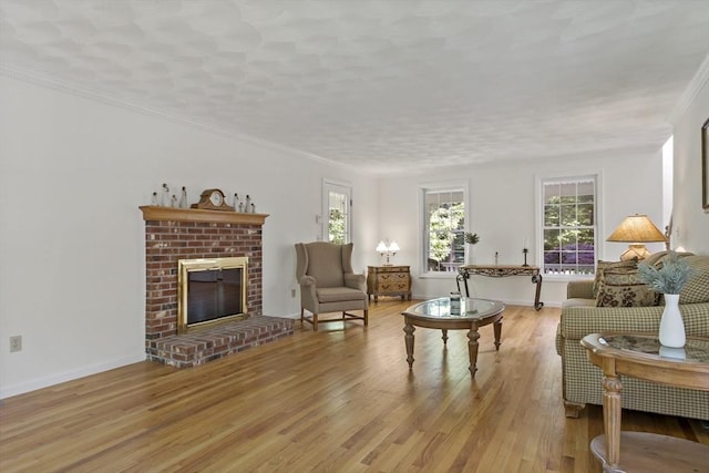 22 Mikayla Ann Dr, Rehoboth, MA 02769 - living room with light wood-style flooring, a fireplace, baseboards, and crown molding