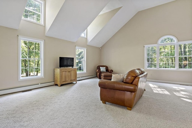 22 Mikayla Ann Dr, Rehoboth, MA 02769 - carpeted living room featuring baseboard heating, high vaulted ceiling, and baseboards