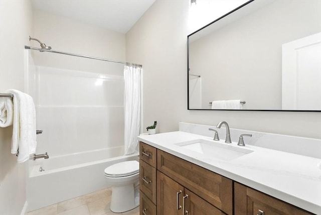 bathroom with tile patterned flooring, shower / bath combination with curtain, toilet, and vanity