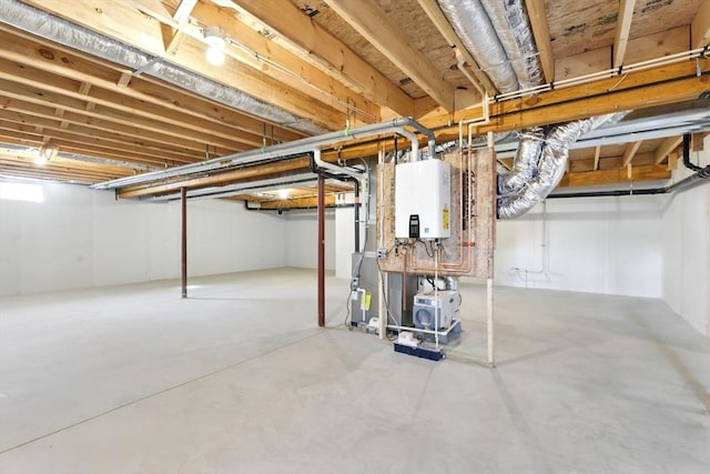 basement with tankless water heater