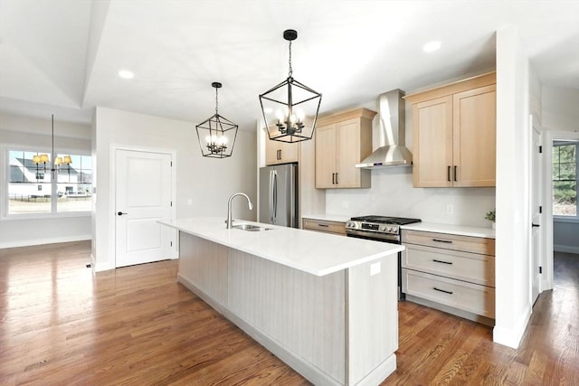 kitchen featuring light wood finished floors, appliances with stainless steel finishes, an inviting chandelier, wall chimney exhaust hood, and a sink