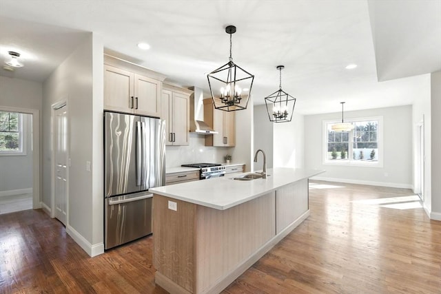 kitchen with wood finished floors, an inviting chandelier, a sink, stainless steel appliances, and wall chimney range hood