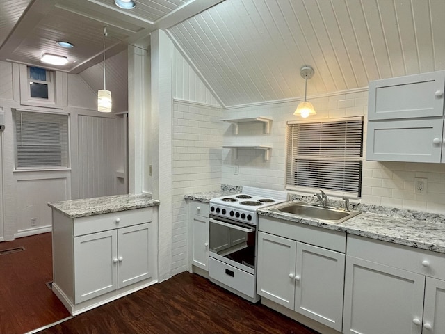 kitchen featuring hanging light fixtures, sink, white cabinets, and white range with electric cooktop