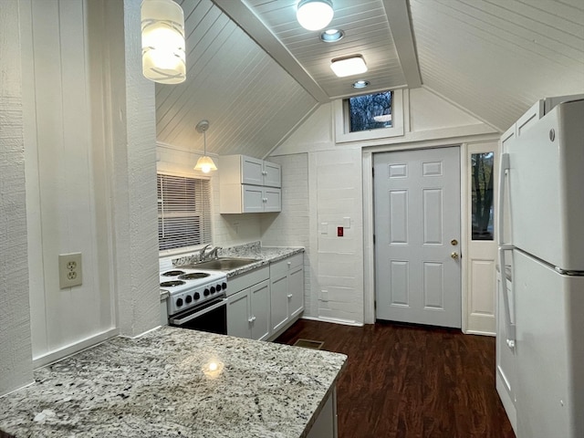 kitchen featuring sink, hanging light fixtures, white appliances, light stone countertops, and white cabinets