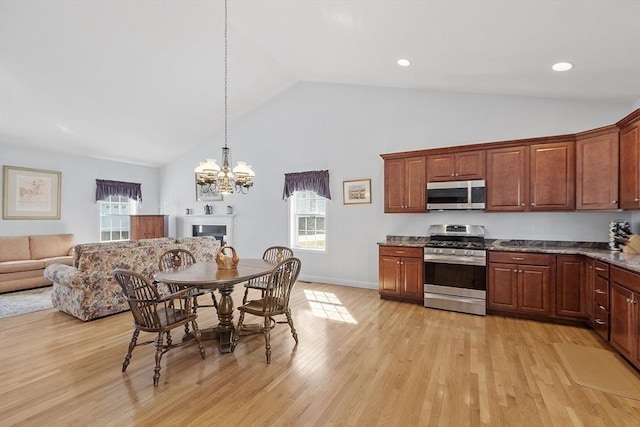 kitchen featuring open floor plan, a healthy amount of sunlight, light wood-type flooring, and appliances with stainless steel finishes