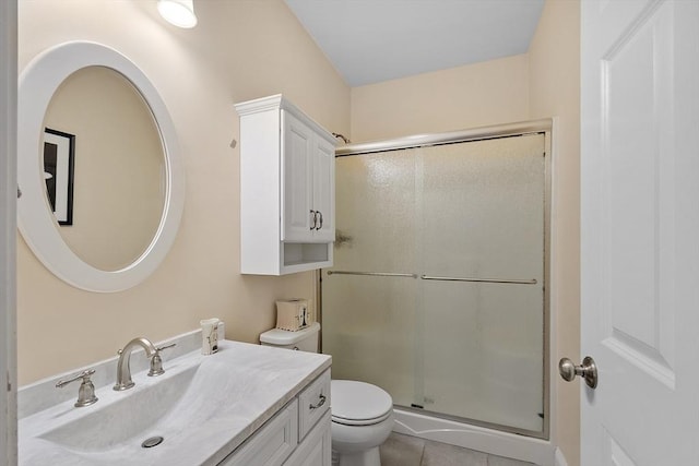 bathroom with a stall shower, toilet, and vanity