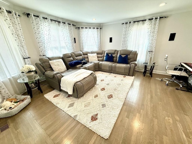 21 Florence Ave, Lowell, MA 01851 - living room featuring crown molding, wood finished floors, baseboards, and recessed lighting