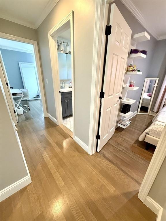 21 Florence Ave, Lowell, MA 01851 - hall featuring light wood-type flooring, ornamental molding, baseboards, and a sink