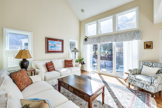 living room with hardwood / wood-style flooring and high vaulted ceiling