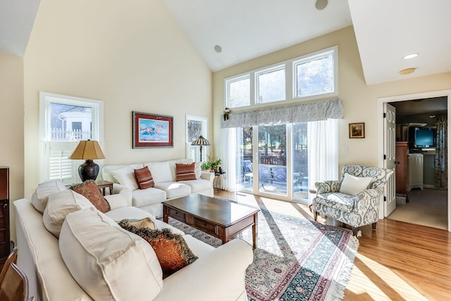 living room with light hardwood / wood-style flooring and high vaulted ceiling