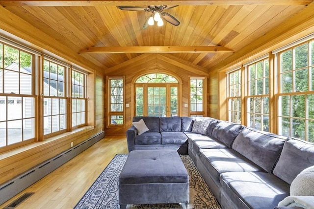 26 Edgewood Ave, Longmeadow, MA 01106 - living room with a baseboard heating unit, wood walls, a ceiling fan, healthy amount of natural light, and light wood-style flooring