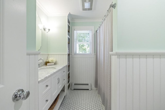26 Edgewood Ave, Longmeadow, MA 01106 - full bathroom with a baseboard heating unit, a wainscoted wall, vanity, crown molding, and a shower with curtain