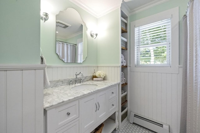 26 Edgewood Ave, Longmeadow, MA 01106 - bathroom with a baseboard radiator, vanity, a wainscoted wall, ornamental molding, and tile patterned flooring