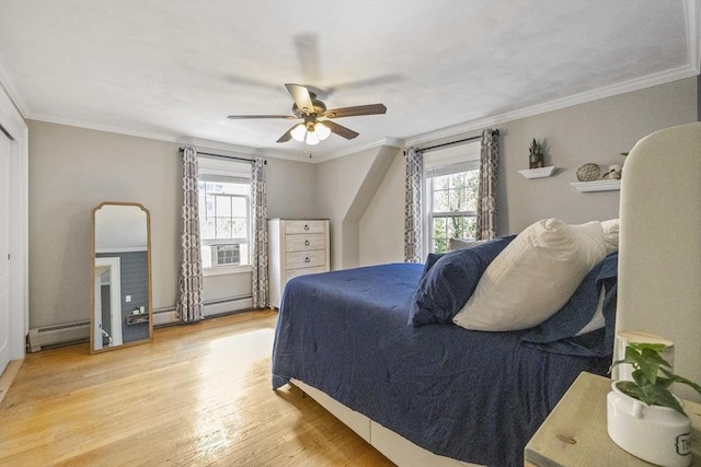 26 Edgewood Ave, Longmeadow, MA 01106 - bedroom with baseboard heating, wood finished floors, crown molding, a ceiling fan, and cooling unit
