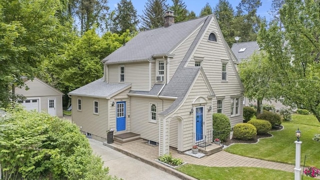 26 Edgewood Ave, Longmeadow, MA 01106 - view of front of home with a shingled roof, a chimney, and a front lawn
