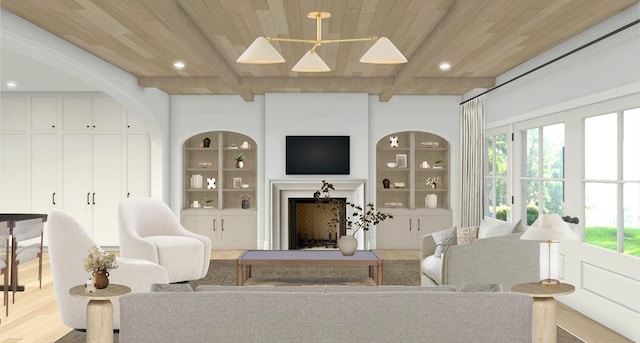 95 High St Unit 4, Newburyport, MA 01950 - living area featuring wood ceiling, a fireplace, built in shelves, and beamed ceiling