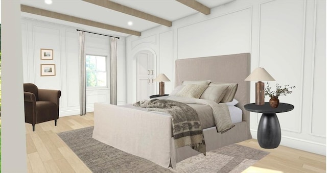 95 High St Unit 4, Newburyport, MA 01950 - bedroom with a decorative wall, beam ceiling, light wood finished floors, and recessed lighting