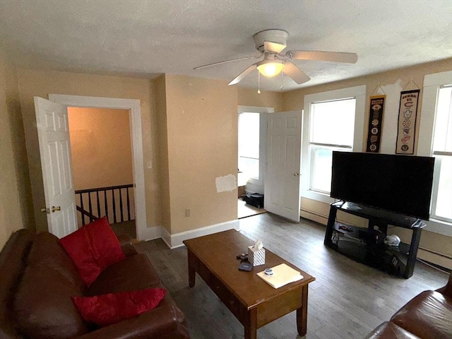 living area featuring a ceiling fan, a wealth of natural light, and wood finished floors