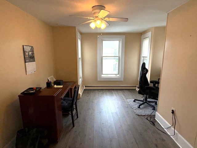 office with ceiling fan, baseboards, hardwood / wood-style floors, and baseboard heating