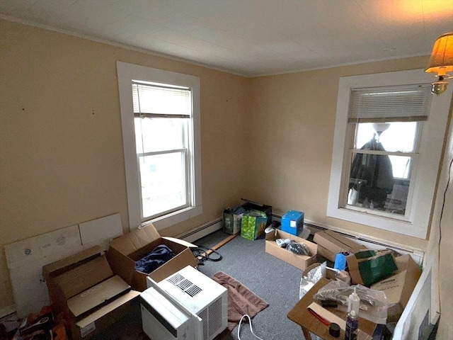 miscellaneous room with carpet, baseboard heating, and crown molding