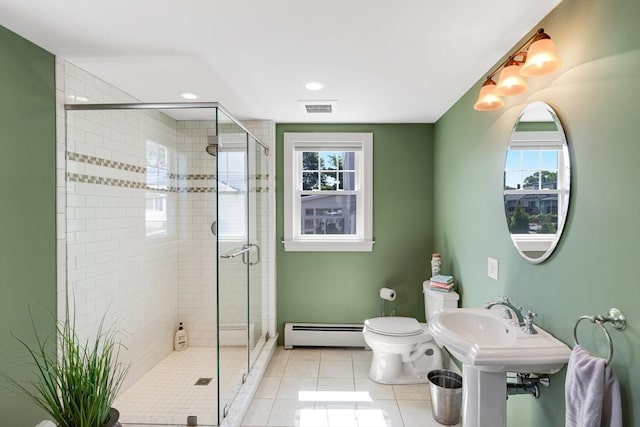 30 Millard Ave, Lynn, MA 01904 - bathroom featuring a baseboard heating unit, tile patterned flooring, a stall shower, and recessed lighting
