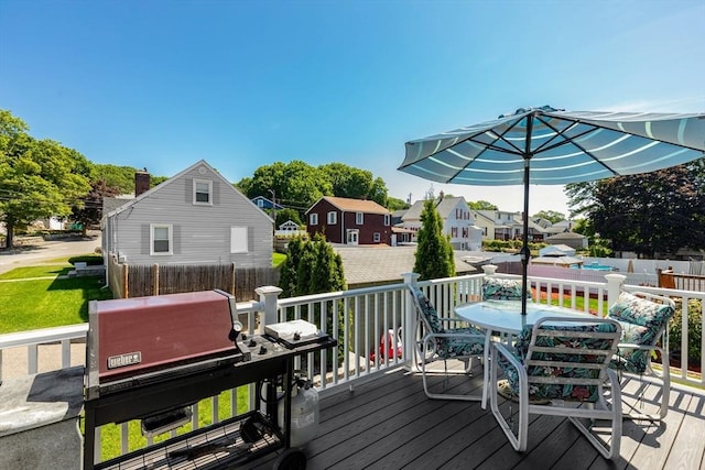 30 Millard Ave, Lynn, MA 01904 - wooden terrace featuring grilling area, outdoor dining space, and a residential view