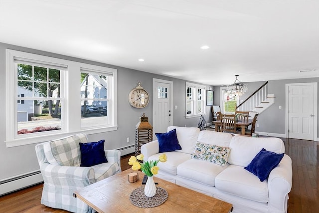 30 Millard Ave, Lynn, MA 01904 - living room featuring baseboard heating, a chandelier, wood finished floors, and recessed lighting
