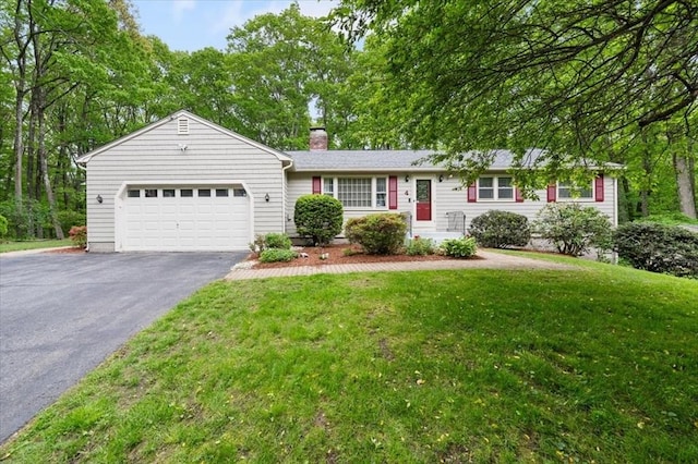 4 Hitchin Post Rd, Chelmsford, MA 01824 - ranch-style house featuring a chimney, driveway, an attached garage, and a front lawn